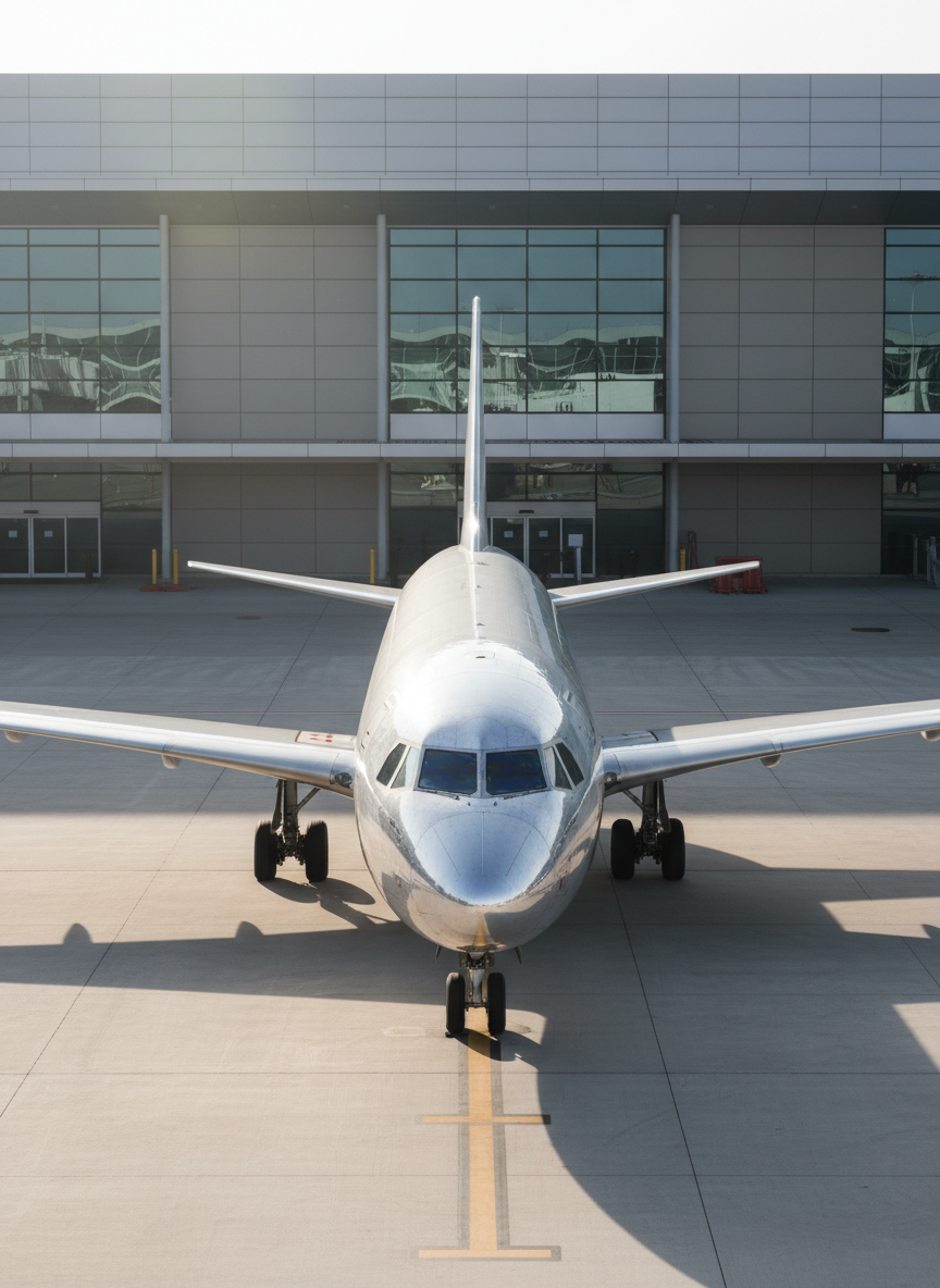 A polished aluminum commercial jet aircraft, gleaming with subtle reflections and clean panel lines, sits parked on an immaculate concrete apron. The scene is set in front of a contemporary airport terminal with expansive glass windows and neutral architectural tones. Overhead, soft morning sunlight streams in, casting elongated shadows under the wings and creating a gentle highlight on the fuselage. The atmosphere is orderly and calm, conveying professionalism and ambition. Framed with a centered composition from a slightly elevated angle, the photograph maintains sharp focus throughout, emphasizing the aircraft's structure and the structured layout of its environment. The overall style is photographic realism with a clean, corporate aesthetic, fitting for a motivational aviation blog seeking to inspire.