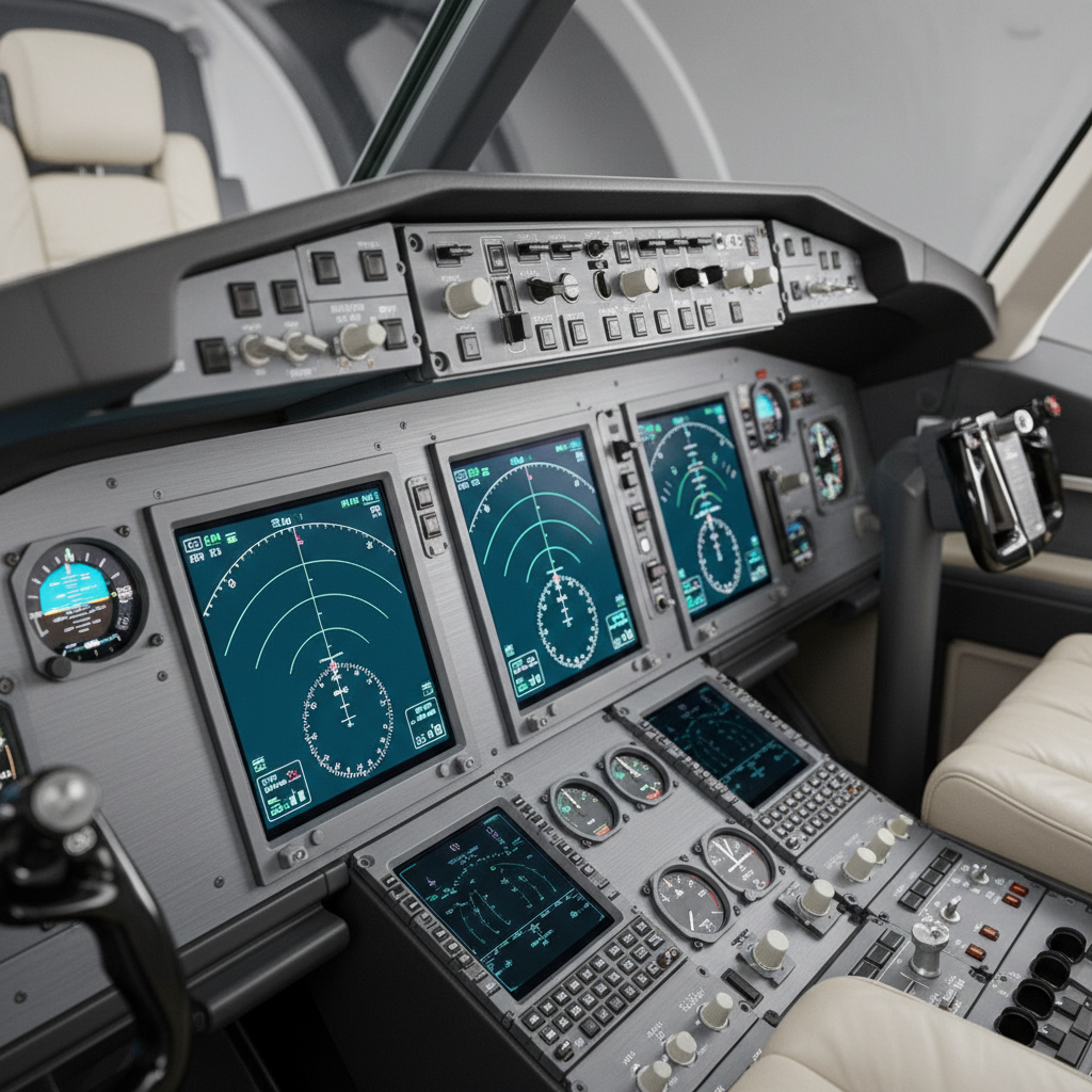 A close-up view of a luxurious aircraft cockpit instrument panel, featuring brushed metal surfaces, precision-cut switches, and illuminated digital displays with cool blue hues. The cockpit is softly lit by ambient light, with a subtle glow from the instruments casting delicate reflections on the smooth panel. The background hints at a muted, structured cockpit interior, blurred for depth. Captured from a low, slightly oblique angle to highlight detail and craftsmanship, the composition uses a rule-of-thirds placement for visual interest. The mood is focused, technical, and aspirational. The image embodies a clean, modern photographic style and suits the blog’s leadership and achievement themes.