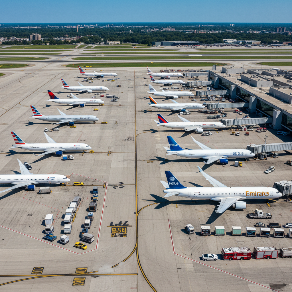 aerial view of JFK airport ramp with multiple planes and ground vehicles, clear sky, vibrant colors